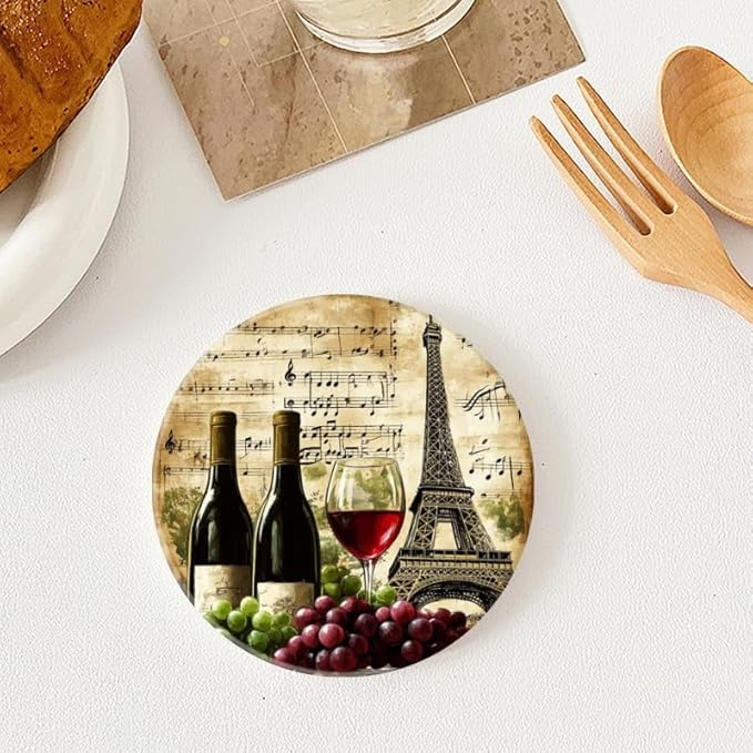 Ceramic Drink Coasters Absorbent Set of 1, Wine Grapes and Eiffel Tower Round Anti Slip Modern Cup Coasters for Desk Kitchen Office Housewarming Hostess Gifts (4 * 4 Inch)