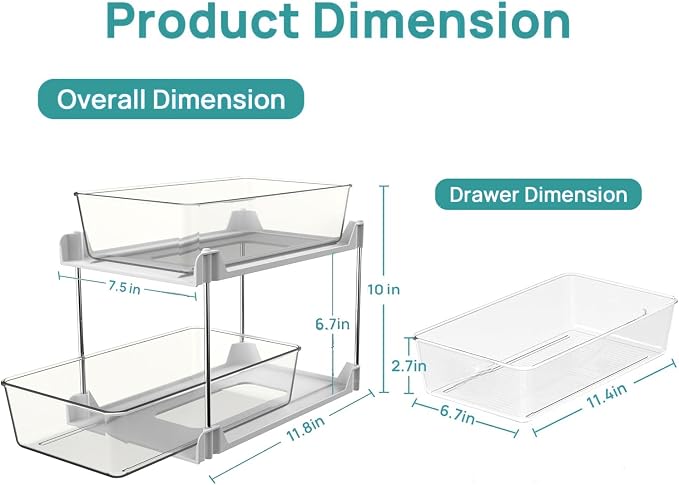 2 Pack Bathroom Organizer,2 Tier White Under Sink Organizers Vanity Countertop Storage Container,Cabinet Drawers Bins, Pull-Out Organization with Track for Pantry, Kitchen