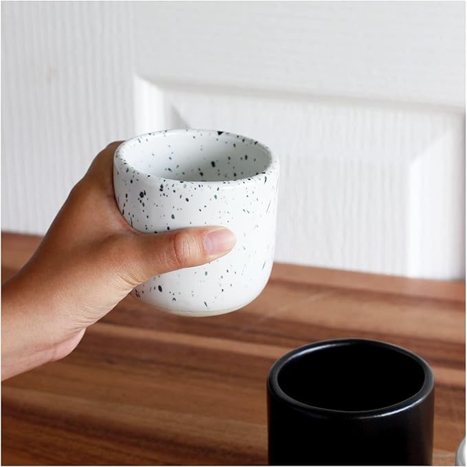 RoRo Handcrafted Ceramic Sipper Cups Set of 2-8 oz | White Glossy with Dark Speckles | Microwave & Dishwasher Safe | Compact Design for Coffee & Tea
