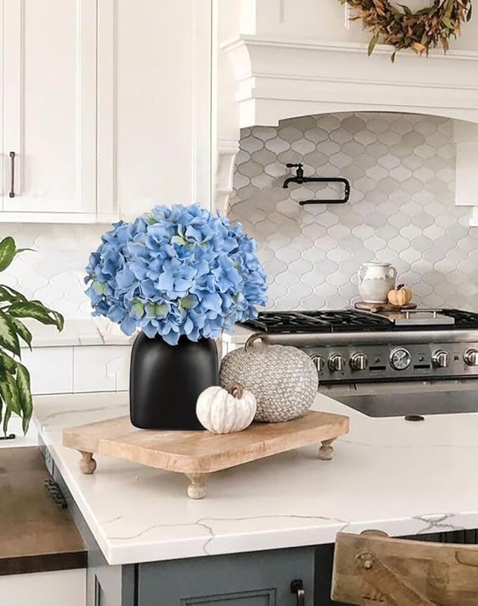 Briful Blue Hydrangea Artificial Flowers in Ceramic Vase, Black Vase Farmhouse Centerpieces for Tables, Dining Table Vase with Fake Flowers for Home Decor Indoor Kitchen Living Room