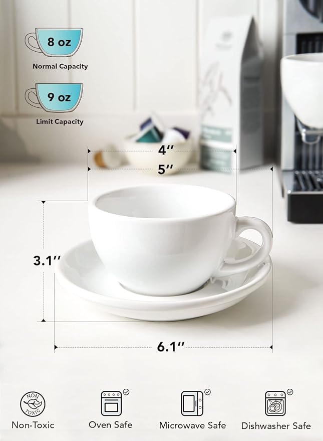 LE TAUCI 8 oz Cappuccino Cups with Saucers, Set of 4 Large Ceramic Coffee Cup Set for Latte, Au Lait, Flat White, Mocha, Tea Cup Set, Dishwasher Safe, Embossed Coffee Cups, White
