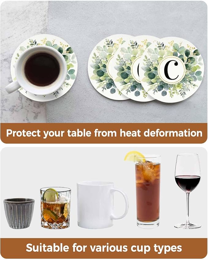 Coasters Set of 6 Letter C Drink Coasters with Holder Absorbent Stone Ceramic Cup Mat Alphabet Green Eucalyptus Leaves Coaster for Drinks Coffee Bar Office Kitchen Cafe Home Decor