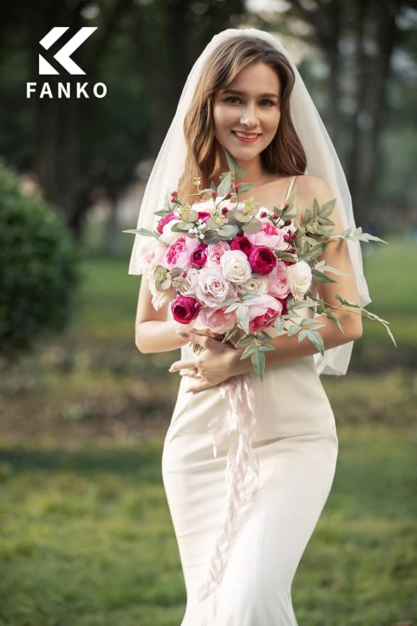 FANKO Artificial Flowers for DIY Bouquet, Faux Rose Combo Peony Ranunculus Stems in Pink White Burgundy for Vase, Floral Arrangement, Centerpieces, Wedding, Home Decor, Party Decoration