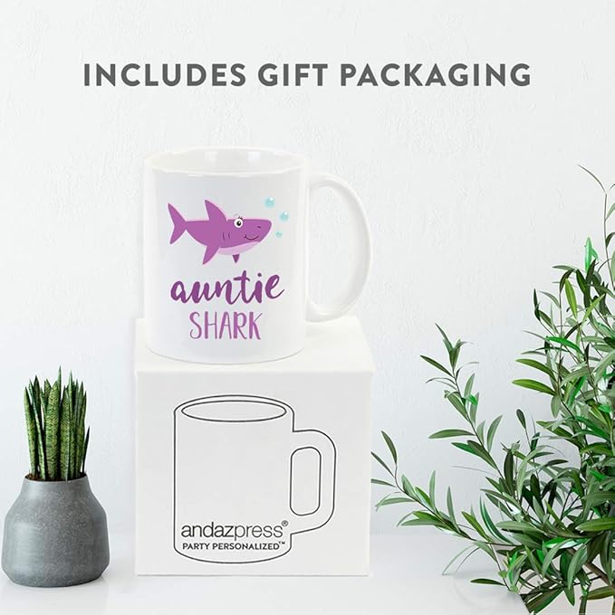 Andaz Press Baby Shark Family 11oz. Coffee Mug Gift Set, Auntie Shark, Uncle Shark, 2-Pack, Shark Do Do Do Gift Idea Birthday Christmas Gifts