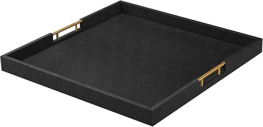 18×20 Inches Black Faux Leather Coffee Serving Tray Decorative Ottoman Trays with Gold Metal Handles Decor for Living Room Rectangle Large Bed Breakfast Organizer for All Occasions Multipurpose Using