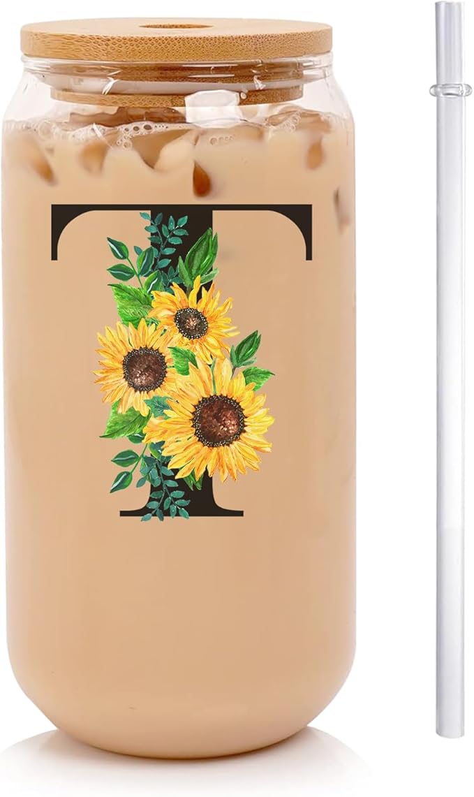 Initial Glass Cups Sunflower with Bamboo Lids and Straws,16oz Iced Coffee Mug Tumbler,Monogrammed Birthday Gifts Mother's Day Sunflower Gifts for Women,Mom,Friend,Sister