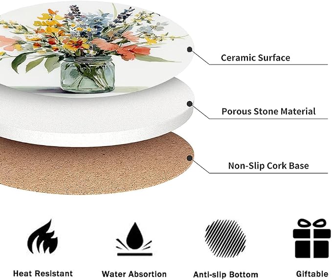 Spring Drink Absorbent Coasters with Holder Set of 6, Ceramic Stone with Cork Base, Watercolor Floral Wildflowers Coaster for Drinks, Gift for Housewarming Room Bar Home Decor Kitchen