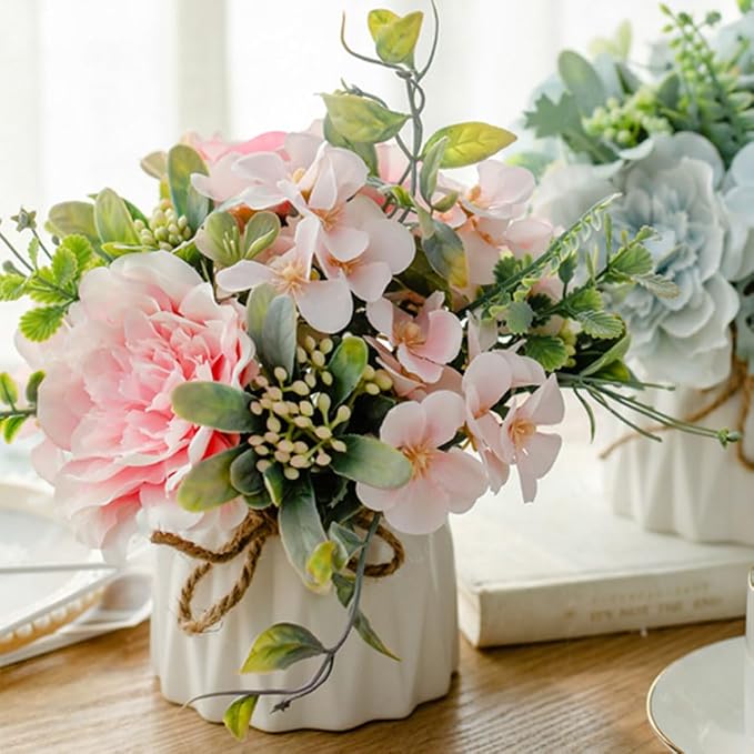 TKAS Fake Flowers Arrangement in Ceramic Vase, Artificial Faux Silk Roses & Hydrangea, Small Realistic Dried-Style Floral Dining Table Centerpiece for Wedding Party Home Decoration (Pink)