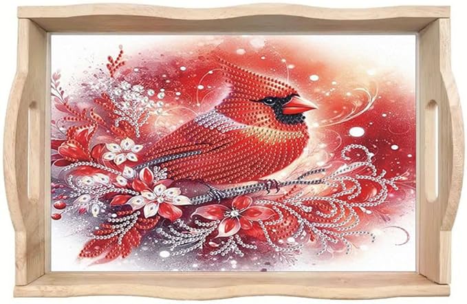 DIY Diamond Serving Tray Diamond Art Painting Creative Design Handmade Wooden Tray Dinner Plate for Coffee Breakfast Home Organizer-Cardinal