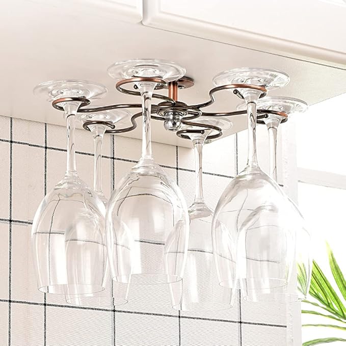 NWB 360° Rotation Hanging Wine Glass Rack,Under Cabinet Stemware Rack,Metal Glass Hanger Drying Rack with 6 Hooks for Home and Bar Storage