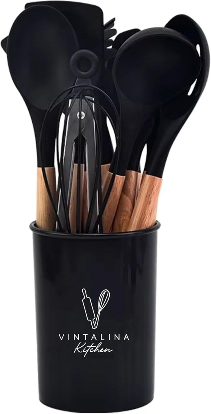 Silicone Cooking Kitchen Utensils Set – BPA‑Free, Non‑Toxic, Non-Stick, Heat‑Resistant to 446 °F, Non‑Scratch Wooden Handles + Utensil Holder (Black)