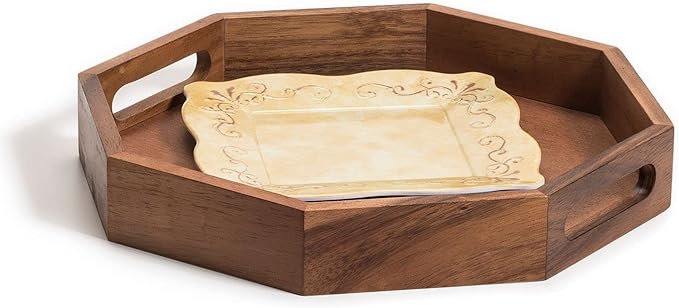 Acacia Wood Octagon Serving Tray – 13” Rustic Wooden Tray for Coffee Table, Kitchen or Home Decor