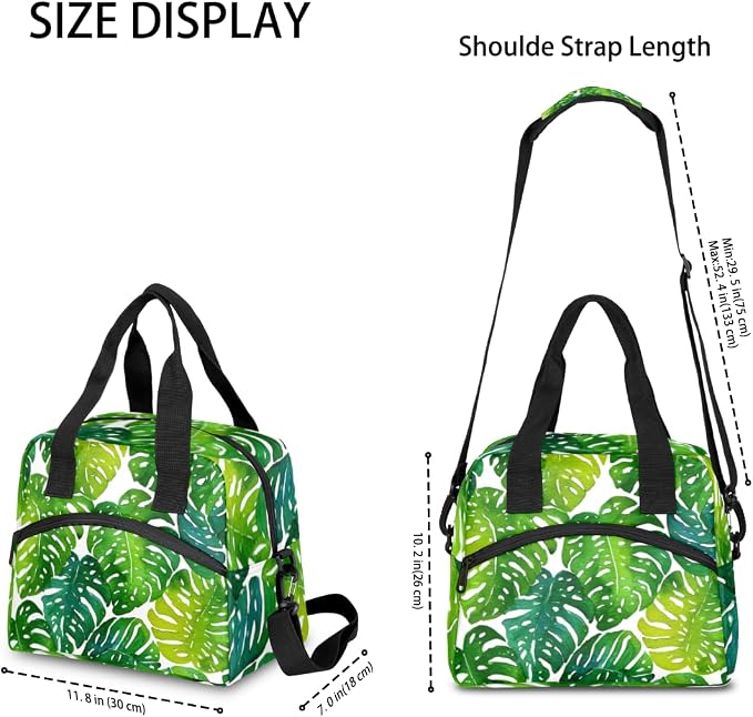 Green Palm Leaves Insulated Lunch Bag for Women Men Reusable Lunch Box Cooler Bag Large Leakproof Lunch Tote with Adjustable Shoulder Strap for Adult Work Picnic Camping Beach Office