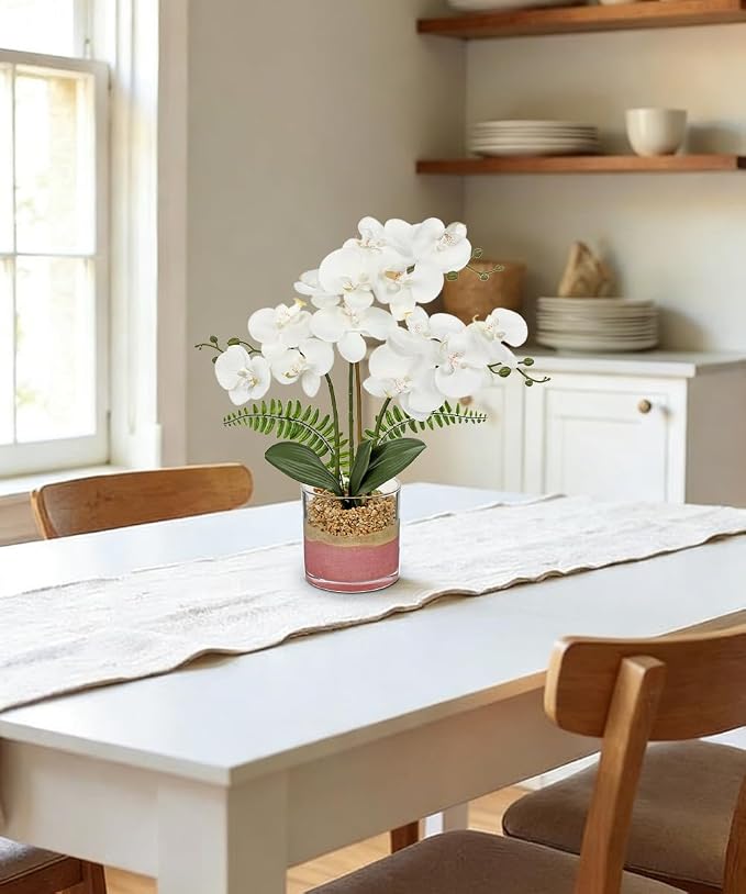 Oairse White Orchids Artificial Flowers with Vase Faux Orchids Plant in Pot | 17.7" Phalaenopsis Orchid Flower Arrangements White Centerpiece for Kitchen Dining Room Table Bathroom Shelf Desk Decor