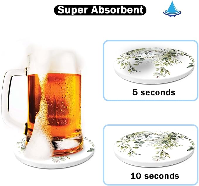 HOPONY Coasters for Drinks,6 Pieces Ceramic Stone Coaster Set with Metal Holder Stand, Cork Base,Absorbent Cups Place Mats for Home Decor Abstract Plants