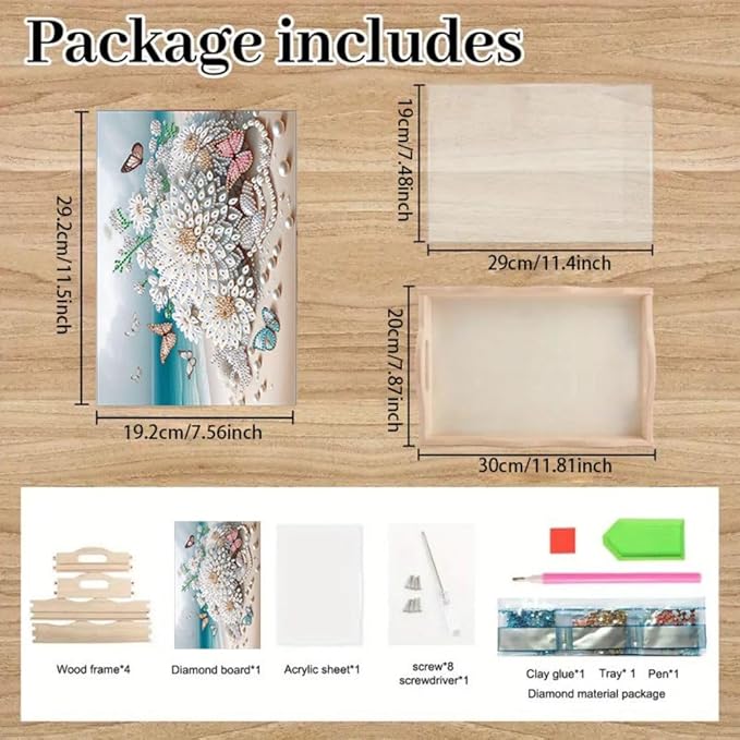 DIY Diamond Serving Tray Diamond Art Painting Creative Design Handmade Wooden Tray Dinner Plate for Coffee Breakfast Home Organizer-Beach Flowers