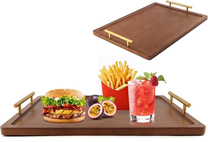 Wooden Serving Tray, 17x12In Wooden Food Drinks Tray with Metal Handles for Coffee Table, Breakfast, Dinner & Bar, Rustic Decorative Ottoman Tray for Kitchen, Parties