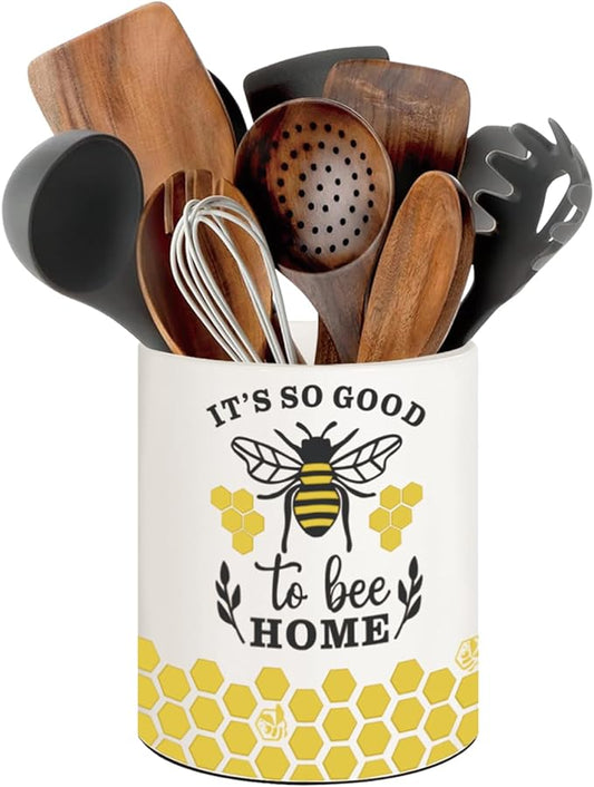 Bee Kitchen Decor, 6.5inch Ceramic Utensil Holder with Bee Design, Rustic-Style Indoor Kitchen Utensil Storage Rack, Ideal for Spoon Storage and Cooking Tools, Gift for Kitchen Organizers