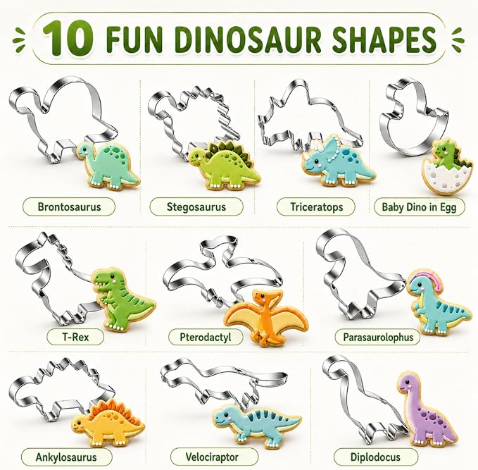 10-Pack Dinosaur Cookie Cutters, Stainless Steel Dino Baking Set | T-Rex, Triceratops and assorted dino shapes for cookies, fondant and sandwiches