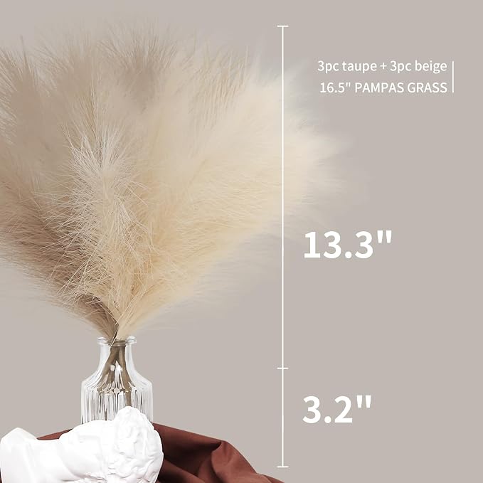 ZIFTY 42-Piece Fluffy Faux Pampas Grass Decor, 6 Hand-Bundled Packs of 7, 17" Short Artificial Pampas Grass Bulk, Boho Fake Flower Vase Filler, Home Wedding Decor, Beige & Taupe