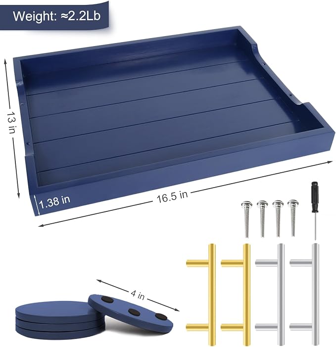 SXNOWS Coffee Table Tray - Large Ottoman Tray for Living Room - Wood Serving Tray with 2 Sets of Handles - Wooden Trays for Coffee Tables, 4 Round Coasters Included, Deep Blue