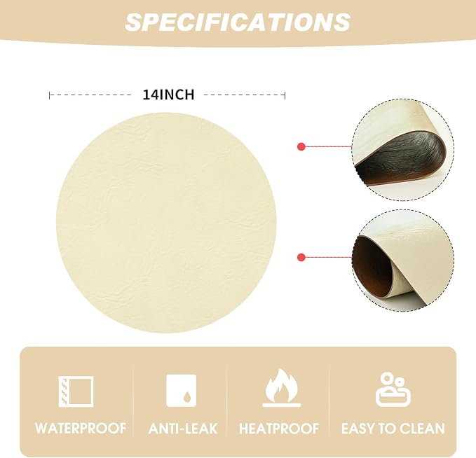 Artoid Mode Beige Faux Leather Placemats Set of 4, 15 Inch Waterproof Wipeable Heat Resistant Vinyl Place Mats, Reversible Table Mats for Kitchen Dining Decor