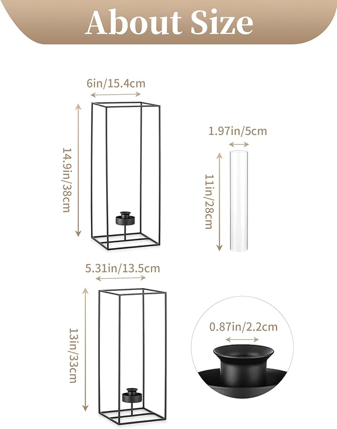 Sziqiqi Hurricane Candlestick Holders Black: Geometric Candle Holder for Taper - Glass Candle Stick Holder for Wedding Minimalist Candleholder Decor for Living Room Outdoor Set of 2