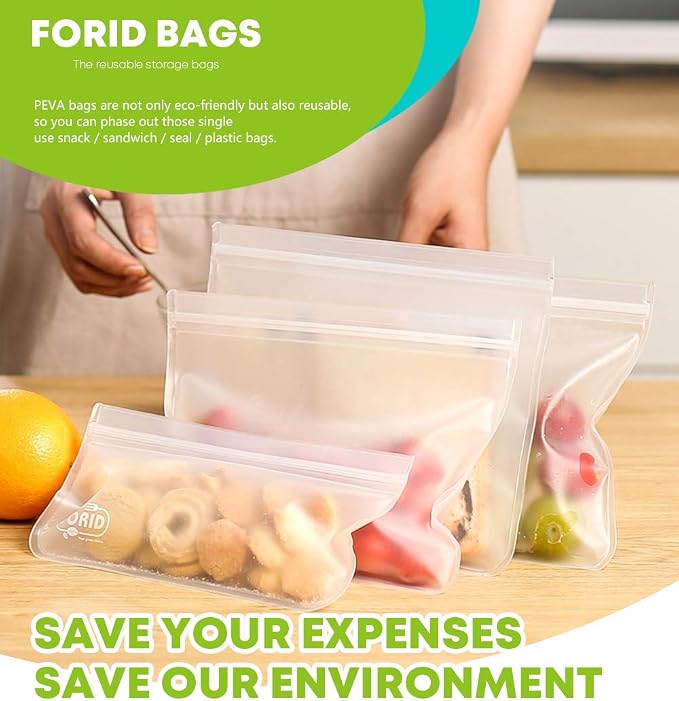 FORID Reusable Storage Bags, 12 Pack Extra Thick Freezer bags (2 Reusable Gallon Bags, 5 Reusable Sandwich Bags, 5 Reusable Snack Bags) FDA Grade LEAKPROOF Lunch Bag for Food Travel Items Storage