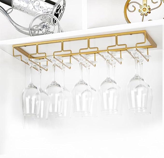 FOMANSH Wine Glass Rack - Under Cabinet Stemware Wine Glass Holder Glasses Storage Hanger 2 Pack Metal Organizer for Bar Kitchen 5 Rows Gold
