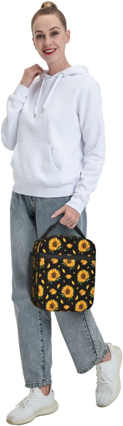 Black Floral Sunflower Lunch Box Insulated Flower Lunch Bag for Women Men Reusable Portable Leakproof Lunchbox Tote Cooler Thermal Bag for Office Work Picnic Travel