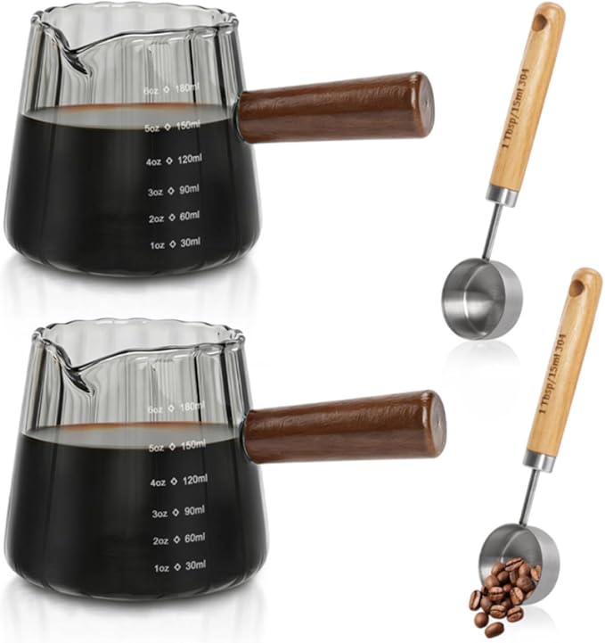 2Pcs Espresso Shot Glass, 6oz Espresso Cups with 2Pcs Coffee Measuring Spoon, Expresso Shot Cup with V-Shape Mouth, Milk Frothing Pitcher, Glass Measuring Cup Expresso Accessories (Grey)