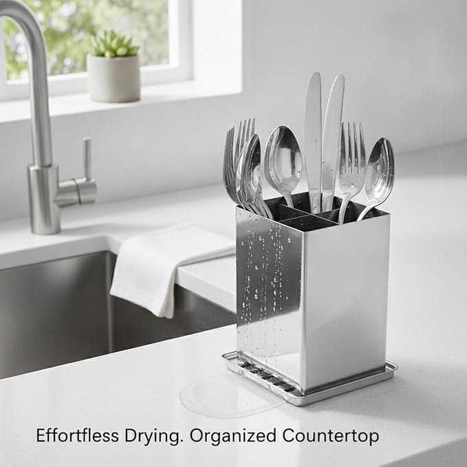 1 PC Stainless Steel Utensil Crock, Square Cutlery Holder with Drain Slots for Countertop Drying and Kitchen Organization