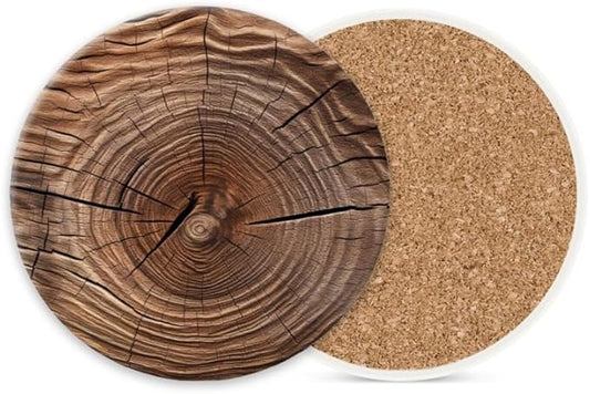 1 Pcs Coffee Cup Coasters for Drinks, Cross Section of Tree Round Absorbent Non-Slip Ceramic Stone Cork Coasters for Kitchen Living Room Office Decoration Bar (4 * 4 Inch)