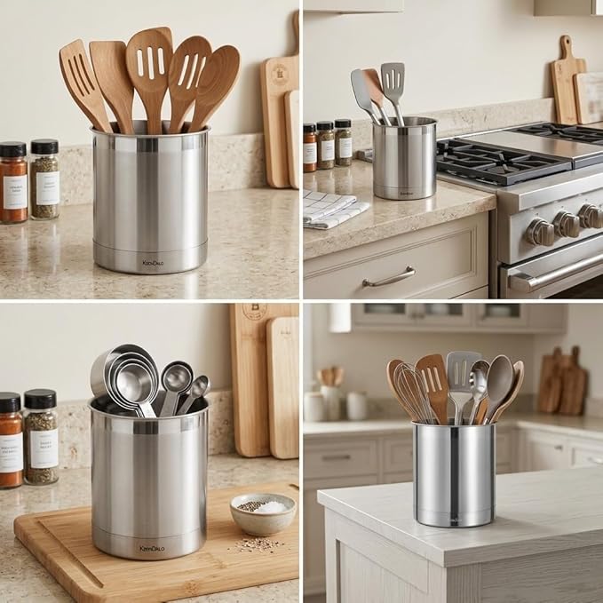 KSENDALO Stainless Steel Utensil Holder 7x7inch Large Utensil Holder for Countertop, Round Utensil Caddy for Spoons, Silverware, and Spatulas for Kitchen, Silver
