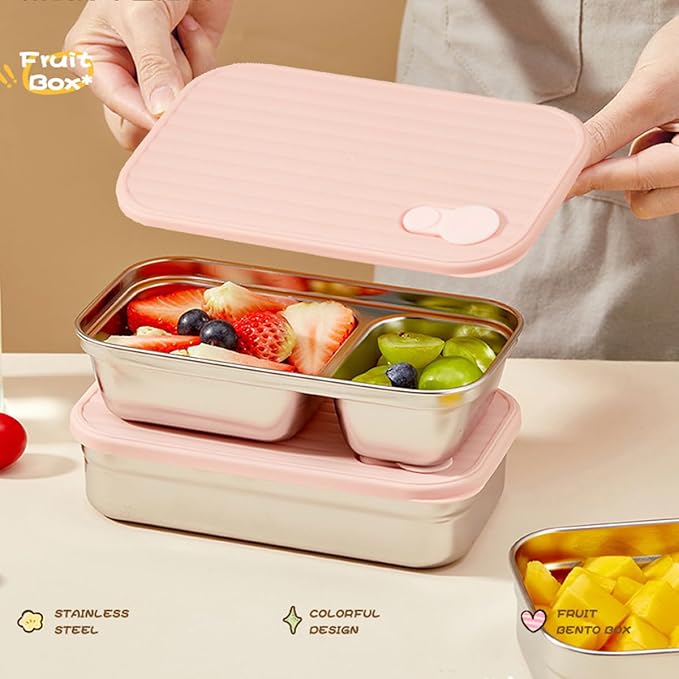Stainless Steel Snack Containers Individual Household Food Container,Reusable Divided Food Storage Condiment Containers with Lids - Food Lunch Meal Prep Box for Travel Camping (2 Compartment)