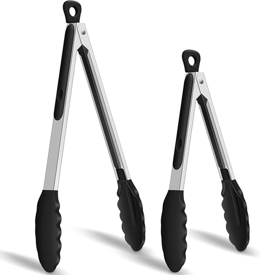 HOTEC Silicone Kitchen Tongs Set of 2-9" and 12" Locking Stainless Steel Cooking Tongs with Silicon Tips Non-Scratch Heat Resistant 600°F for BBQ, Grill, Air Fryer & Serving