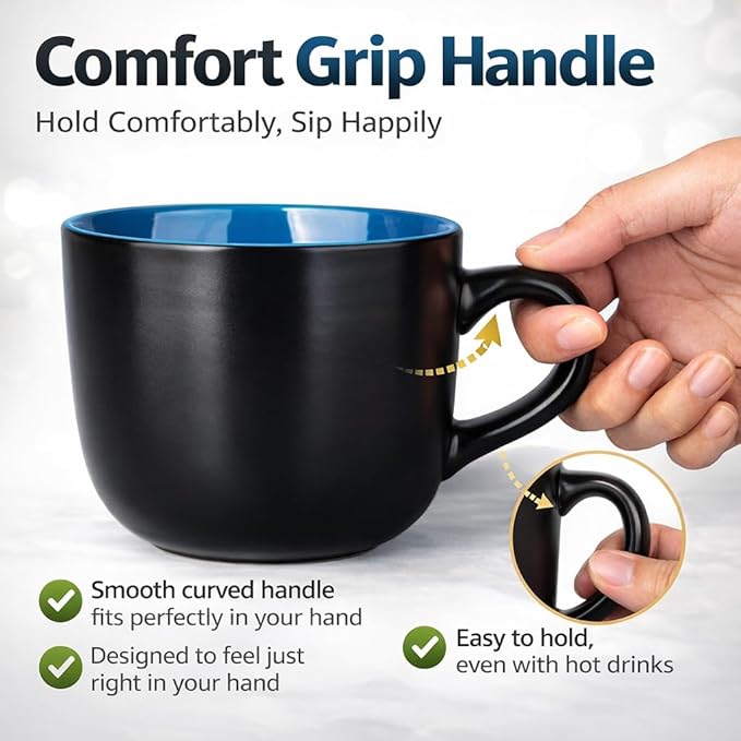 GBhome Jumbo Soup Mugs with Handles, 24 Oz Large Coffee Mugs Set of 4, Ceramic Soup bowls for Coffee,Cereal,Snacks,Salad,Noodles etc Soup Cups,Microwave&Dishwasher safe-Blue Inside