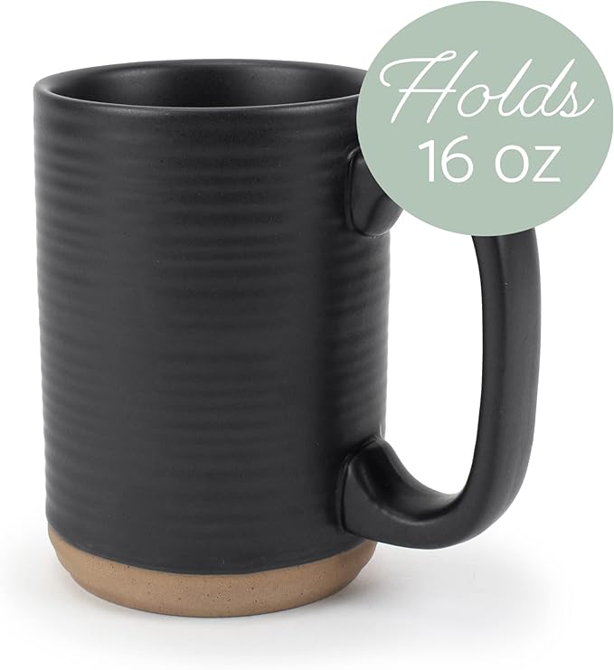 Elanze Designs Tall Ribbed Raw Clay Bottom Black 16 ounce Ceramic Coffee Mugs Set of 4