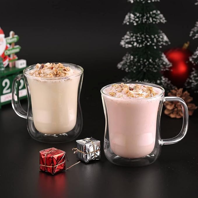 ecooe 12 oz Double Walled Glass Coffee Mug Latte Cappuccino Cups Set of 2, Clear Glass Coffee Cups with Handle, 350ml (full capacity) Coffee Cup Borosilicate Double Wall Glass Coffee Mug Tea Cups