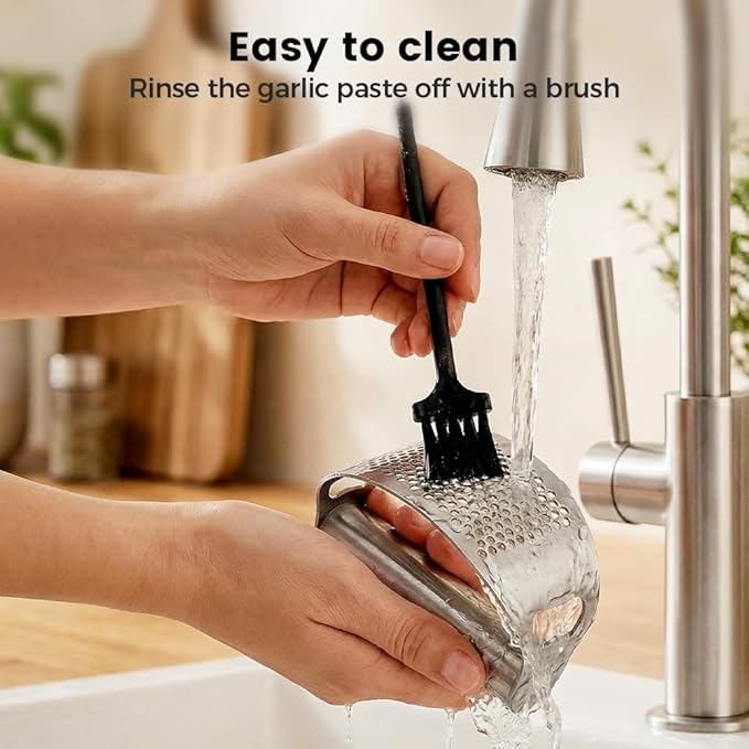Kruggo Garlic Press Rocker, Stainless Steel Garlic Crusher, Mincer and Chopper with Peeler and Cleaning Brush, Comfortable Grip & Effortless Smashing, Essential Kitchen Tools (Crusher+Peeler- 2PCS)