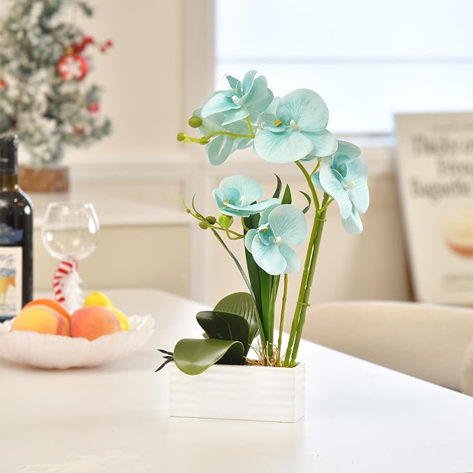 Artificial Real Touch Orchid Flowers in Pot Fake Phalaenopsis Flower with White Ceramic Vase Faux Orchids Arrangement for Home Table Office Wedding Party Decoration (Golden Blue)