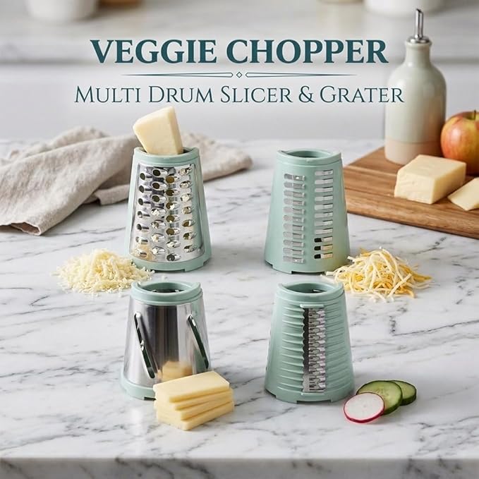 Rotary Cheese Grater Hand Crank, 10-Blade Shredder with Handle, Vegetable Slicer Mandoline Food Chopper, Strong Suction Base Kitchen Gadget for Cheese Vegetables Nuts – Green