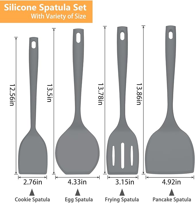 Silicone Spatula Turner Set, 600°F High Heat Resistant Spatulas for Cooking, BPA Free, Large Flexible Kitchen Utensils Flipping Eggs, Pancakes, Fish, Burgers, Dishwasher Safe (4 Pack, Gray)
