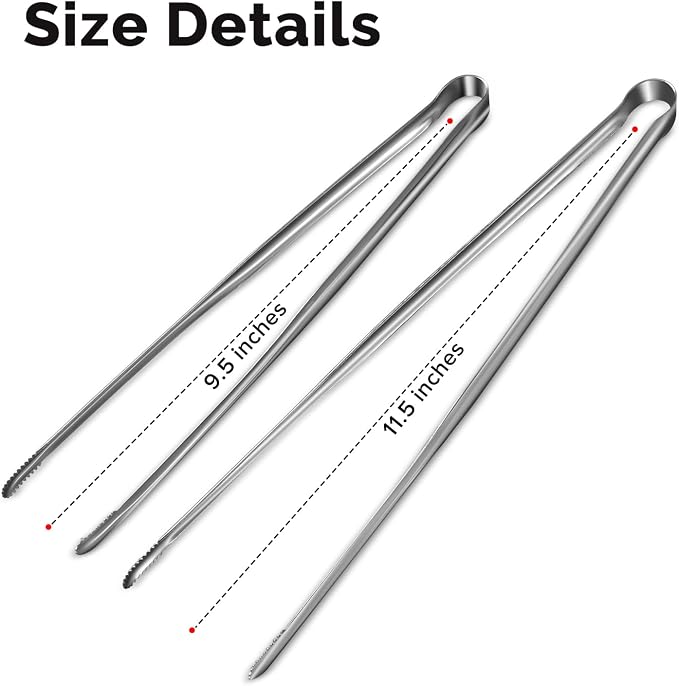 Precision Serrated Non-Slip Tips Cooking Tongs 2 Set (9.5" & 11.5"), One-Piece 18/8 Stainless Steel Metal Tongs, Easily Control Kitchen Tweezer, Multi-Purpose Korean Tong