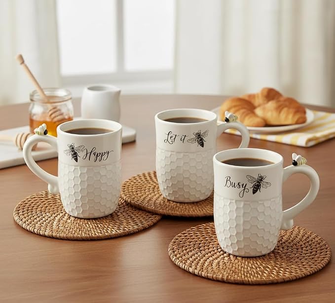 Young's Inc Ceramic Bee Coffee Mug Set of 4, 16 oz – Honeycomb Texture Cups with Bee Handle – Microwave & Dishwasher Safe, Perfect Bees Lover Gift