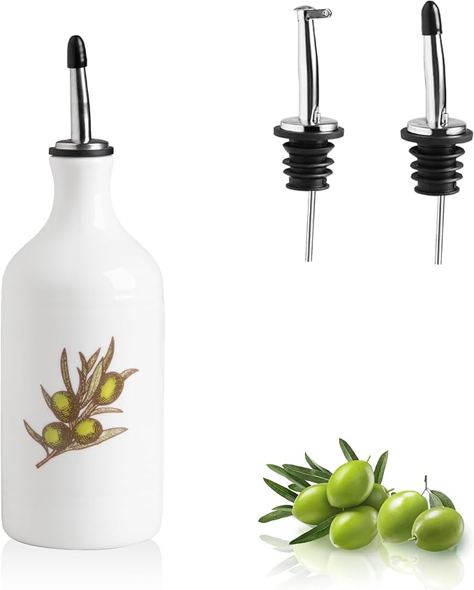 Sweejar Ceramic Olive Oil Dispenser Bottle, Opaque Oil Cruet Protects to Reduce Oxidation, Suitable for Storage Vinegar, Coffee Syrups & Other Liquids, Pack of 1, 15.5 Fl Oz(Olive Leaf White)