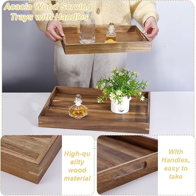 2 Pack Acacia Wood Serving Trays with Handles Rectangular Large Wooden Tray for Ottoman Coffee Table Decorative Trays for Living Room Bedroom Entryway Kitchen Home Decor