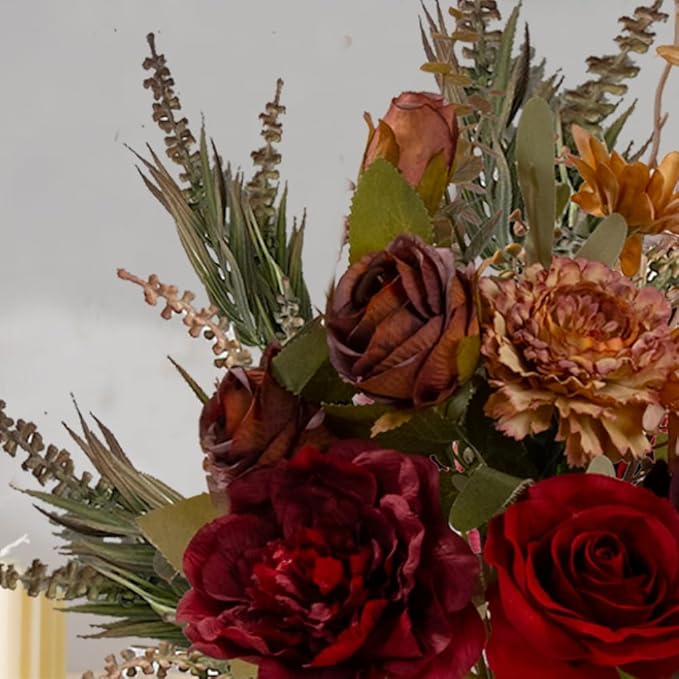 LESING Dahlia Flower Aritificial Flower with Vase Fake Silk Flowers in Glass Vase Faux Rose Flowers Arrangement for Home Office Table Centerpiece Decoration (Claret Red)