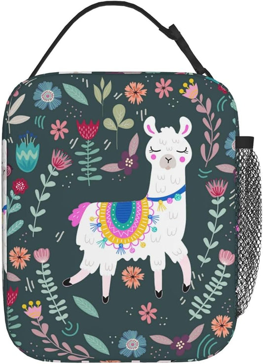 Cute Alpaca Llama Flower Floral Insulated Lunch Bag Portable Reusable Zipper Lunch Box For Men Women Work Picnic Travel Camping