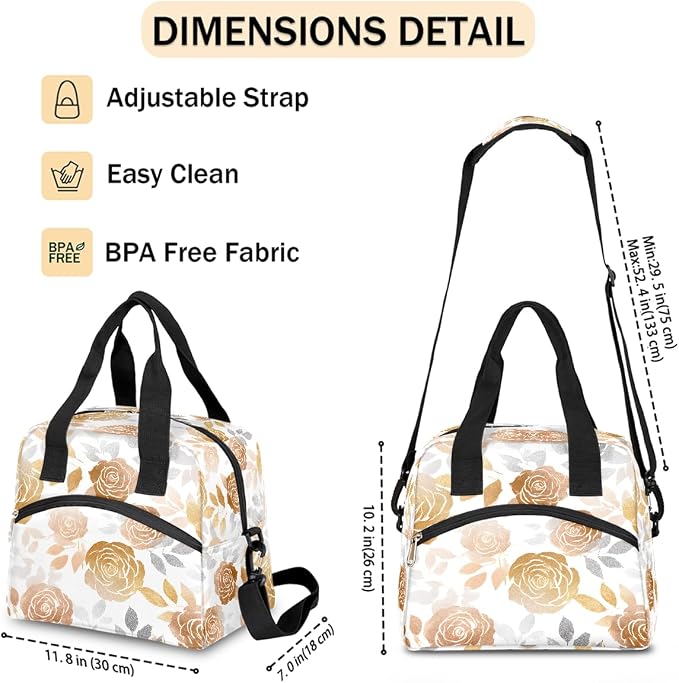 Pardick Golden Rose Flower Insulated Lunch Bag for Women Leakproof Lunch Box Large Cooler Thermal Tote Bag with Shoulder Strap Meal Prep Bags for Work School Office Picnic Teen Girls Adult
